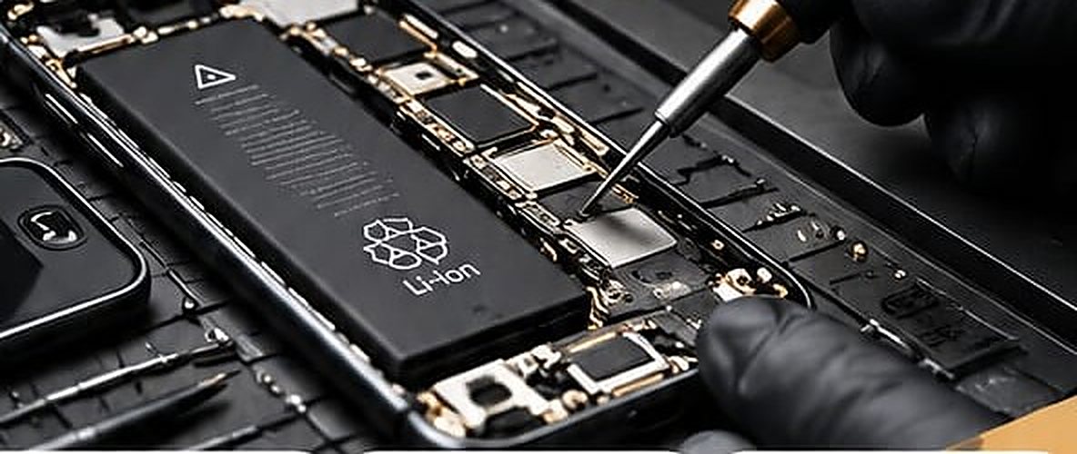Técnico reparando la tarjeta de un celular con herramienta de precisión